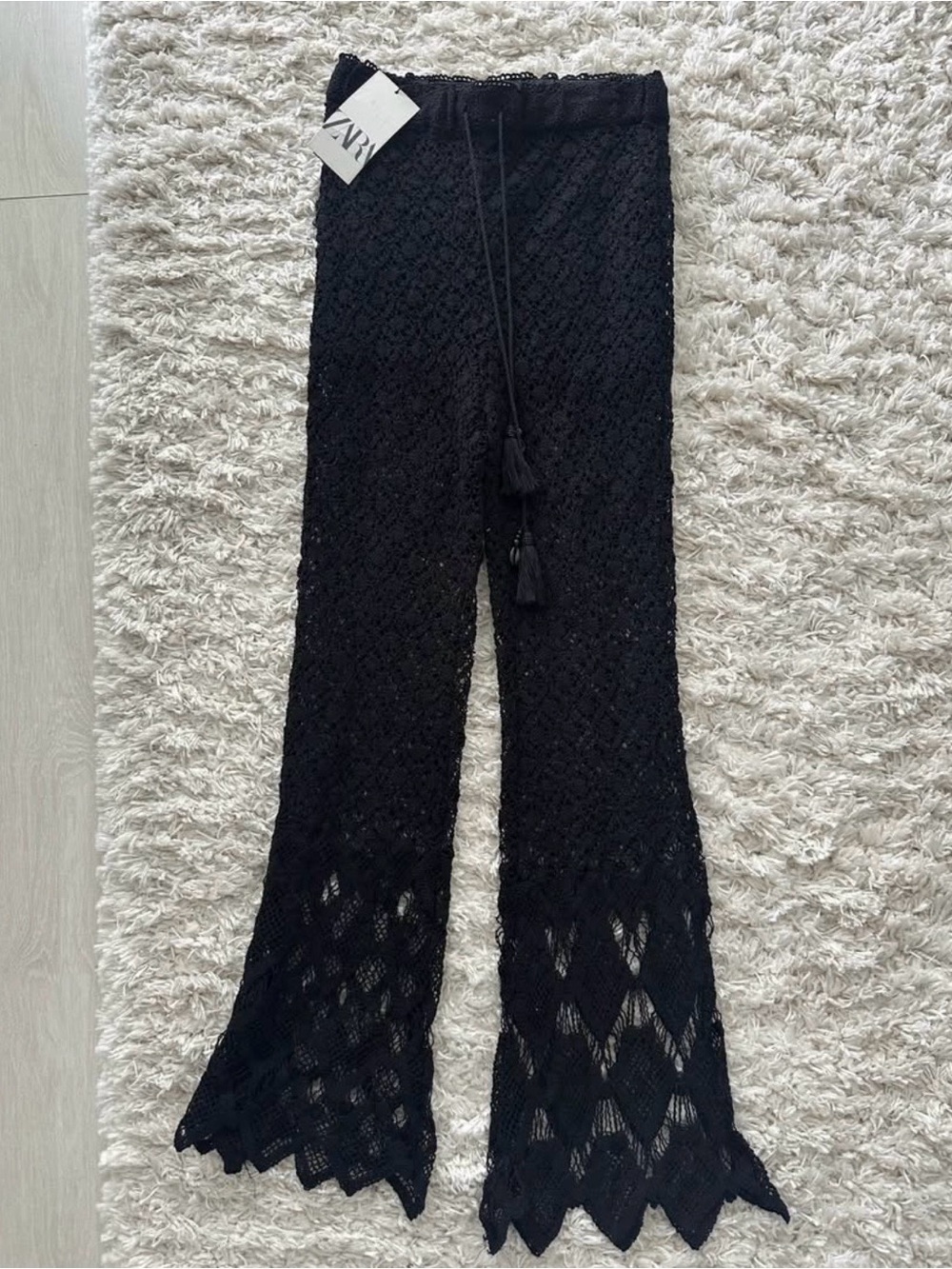 Zara Black Crochet Flared Pants with Tassel Drawstring